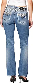 Miss Me レディース シルバー パッチ フルール ド リス フェイク フラップ ポケット ミッドライズ ブーツカット ジーンズ