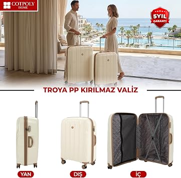 COTPOLY Troya Kabin Boy Valiz, Polipropilen Valiz, Troya Darbeye Dayanıklı Bavul (Krem Kabin)