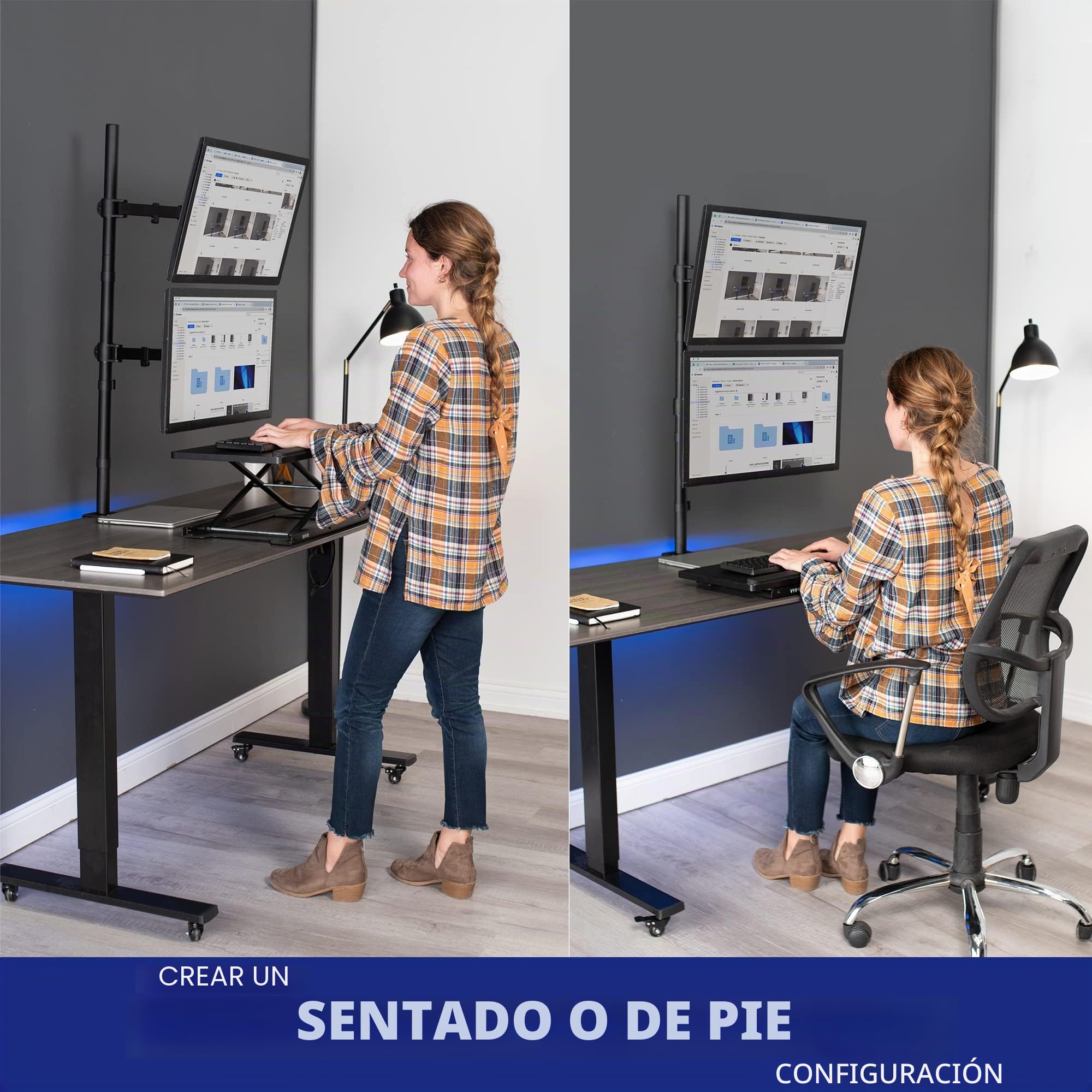 VIVO STAND-V012T - Soporte de Escritorio para Monitor Doble (Altura Vertical, Barra de 99 cm, Brazos extendidos Totalmente Ajustables, se Adapta a 2 Pantallas de hasta 27 Pulgadas)