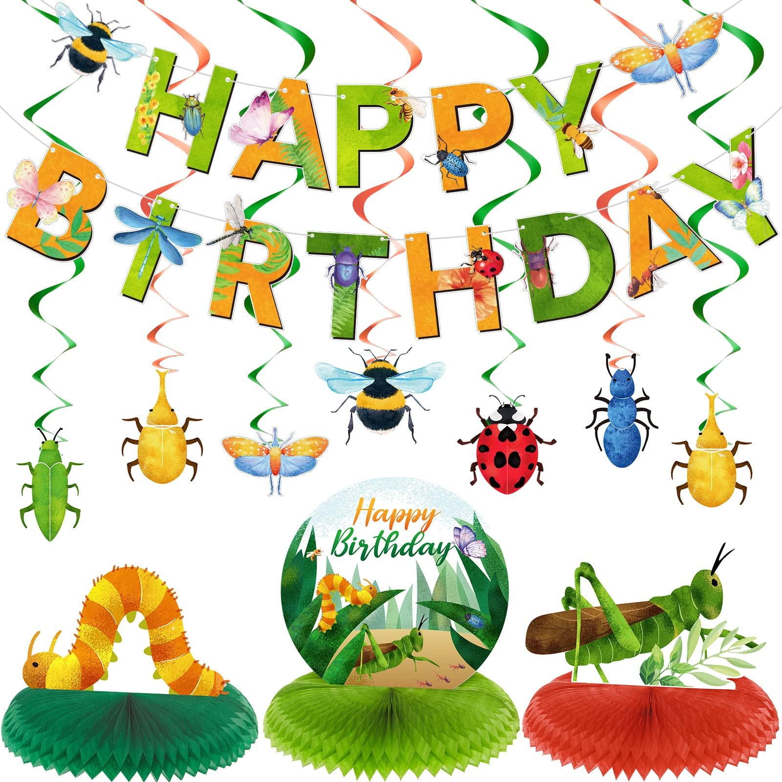 28 Pieces Bugs Party Decorations Spring Bugs Party Banner Bee Ladybugs Hanging Swirls Decor Insect Birthday Honeycomb Centerpieces Decorations for Boys and Girls Birthday Baby Shower