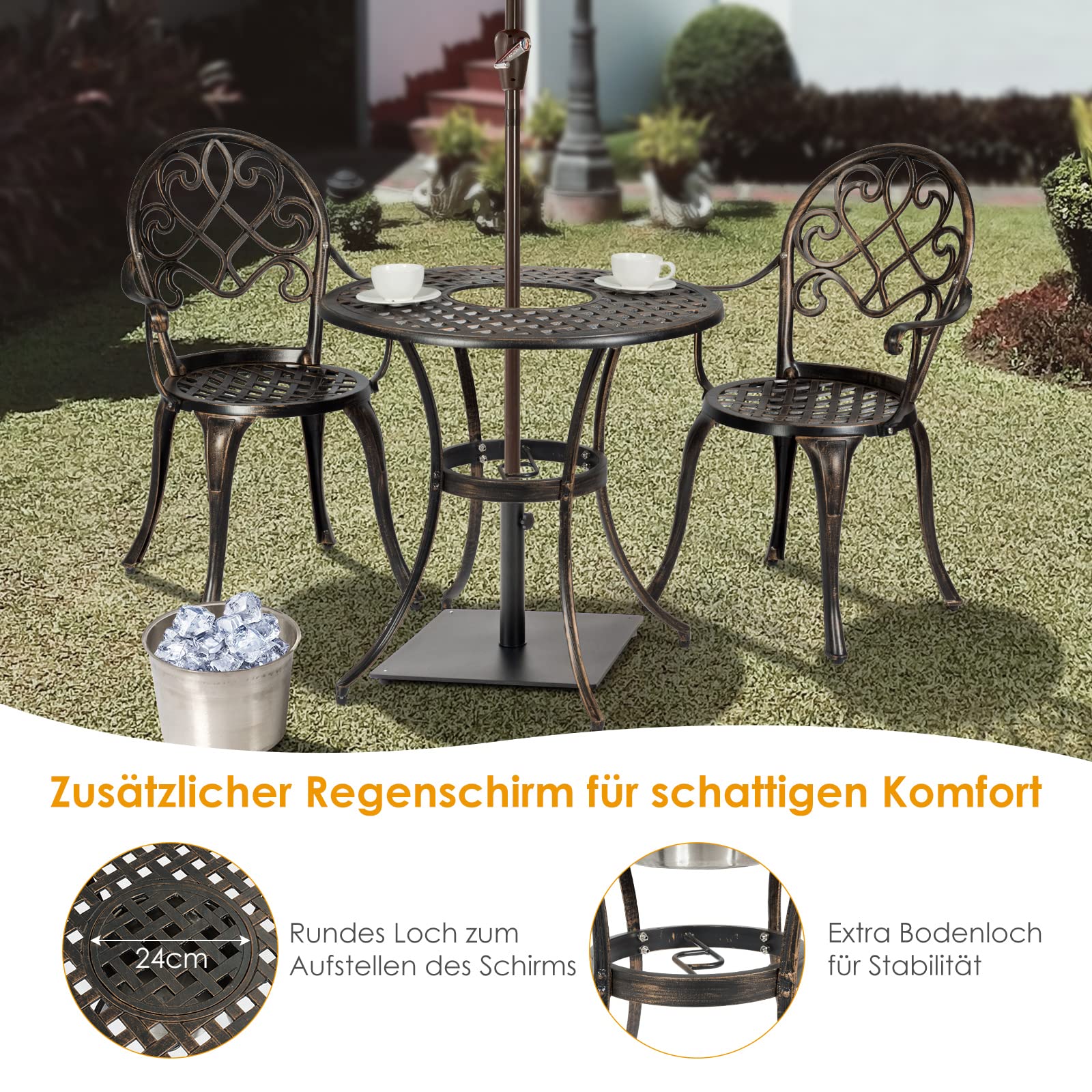 COSTWAY 3-częściowy zestaw mebli ogrodowych, stół bistro z 2 krzesłami, zestaw bistro ze zdejmowanym wiadrem na lód, meble balkonowe z odlewu aluminiowego, meble tarasowe, zestaw ogrodowy na taras