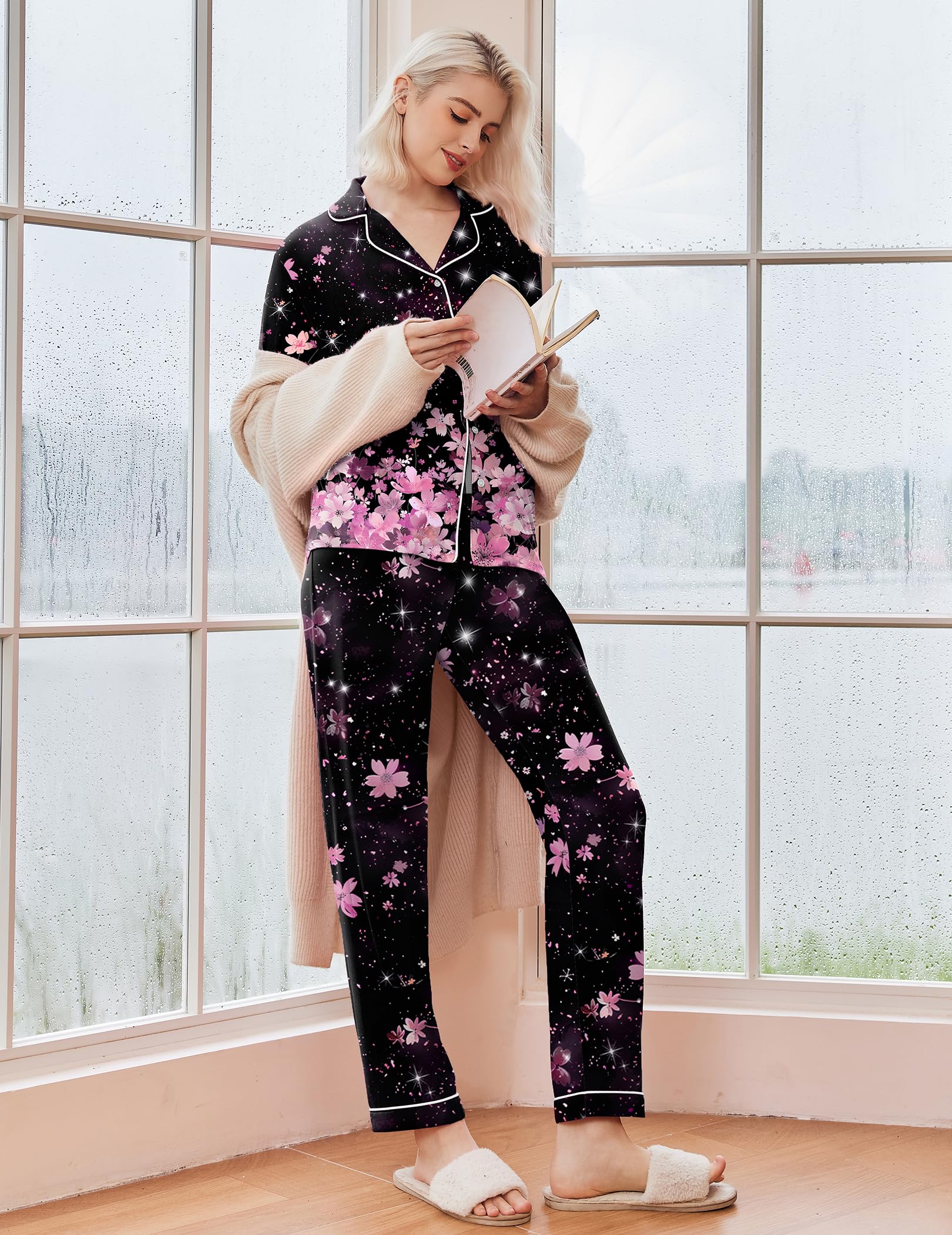 Ekouaer Pajamas Women's Long Sleeve Sleepwear Soft Button Down Loungewear Pjs Lounge Set Nightwear XS-XXL: XX-Large Floral Black Pink