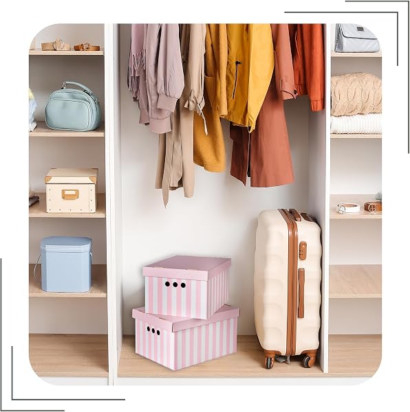 Cardboard Storage Boxes with Lid, Decorative Wardrobe, Closet, Home & Office Organiser with Handle, Flat-Packed, Stackable File Box, Gift for Adults & Kids, Set of 2, Large - Pink Stripes - 3