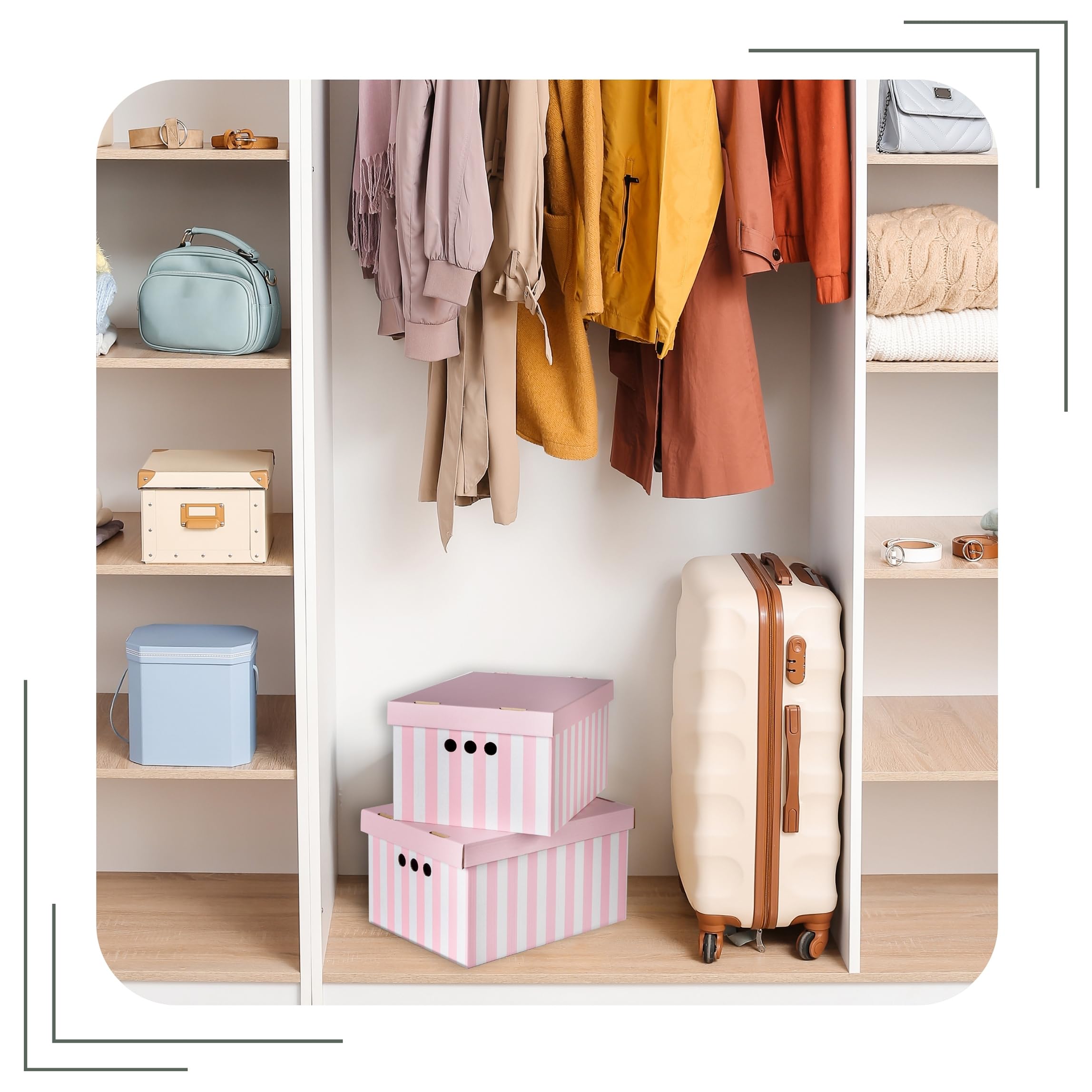 SOFTILLO Pack of 2 Decorative Storage Boxes With Lids Home Office Bedroom Wardrobe Box Organiser Archive Box with Lid Multi-Use General Storage Archive Box with Lid Stylish Set XLarge Pink Stripes — view 3