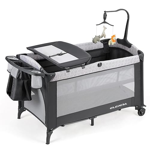 ELEMARA Cuna de bebé con cambiador de pañales, paquete y juego con colchón para bebé, cama de viaje 4 en 1 con almacenamiento, corral de juegos con