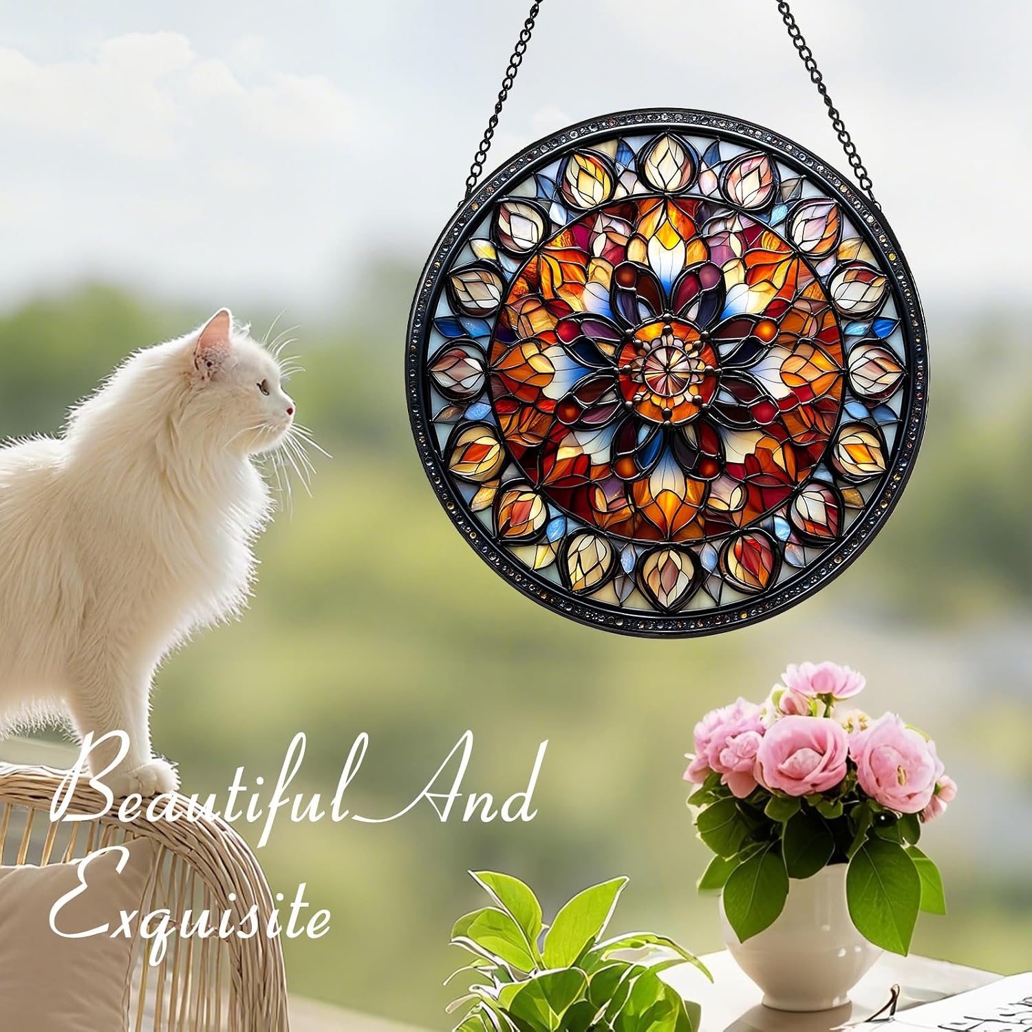 Stained Glass Mandala Suncatcher - 7.9" Real Glass Cathedral Rose Window Hanging, Weatherproof Boho Zen Decor, Chakra Healing Yoga Meditation Gift for Mom Women Spiritual Friends