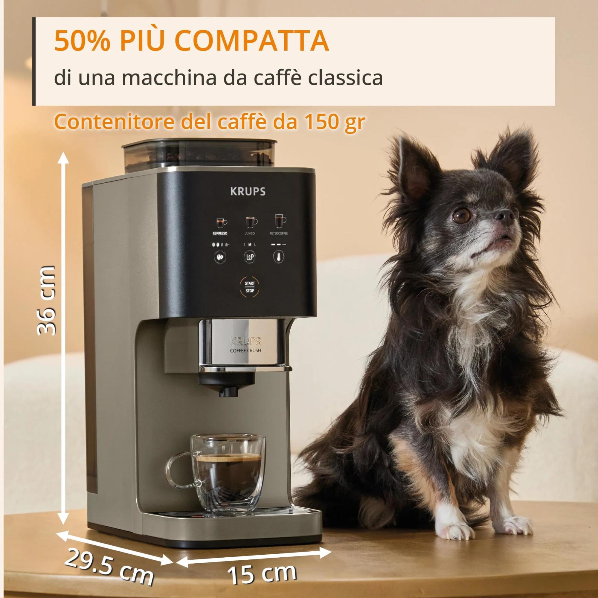 Krups Coffee Crush Extra, Macchina da Caffè Automatica, Super Compatta, Ingombro Minimo, 3 Livelli di Macinatura per Caffè in Grani, Intensità, Lunghezza e Temperatura Regolabili, 1370 W, Chai, SA402A