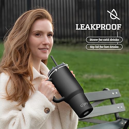Miniatura 5 de O'JAY Vaso aislado de 40 onzas con asa y tapa con popote, 100% a prueba de fugas, taza de viaje apta para portavasos - Vaso aislado de acero