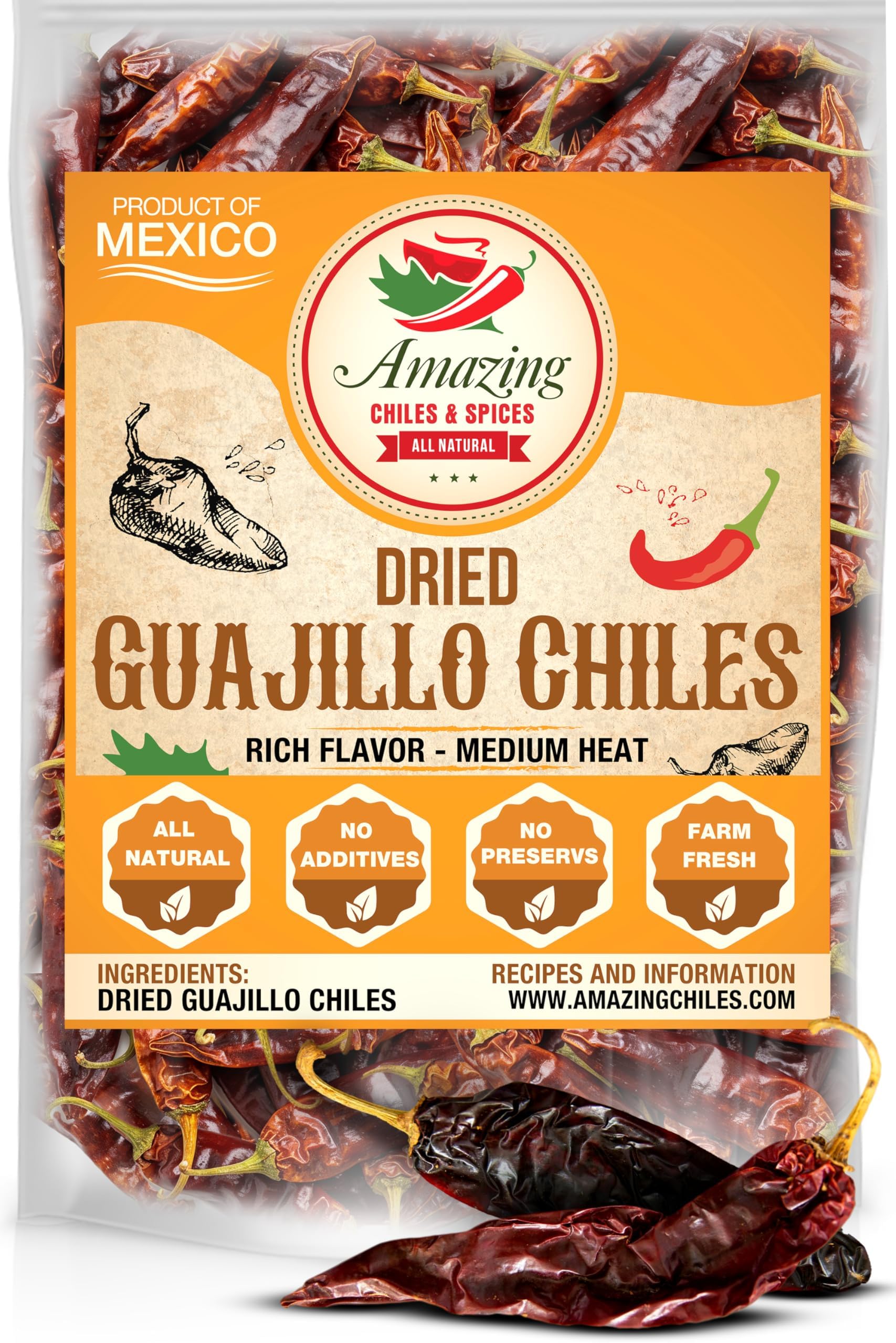 Guajillo Chiles Peppers Dried Whole 4 oz – Natural and Premium. Great For Mexican Recipes Like Mole, Tamales, Salsa, Meats. Mild to Medium Heat, Complex Fruity Flavor. Resealable Bag