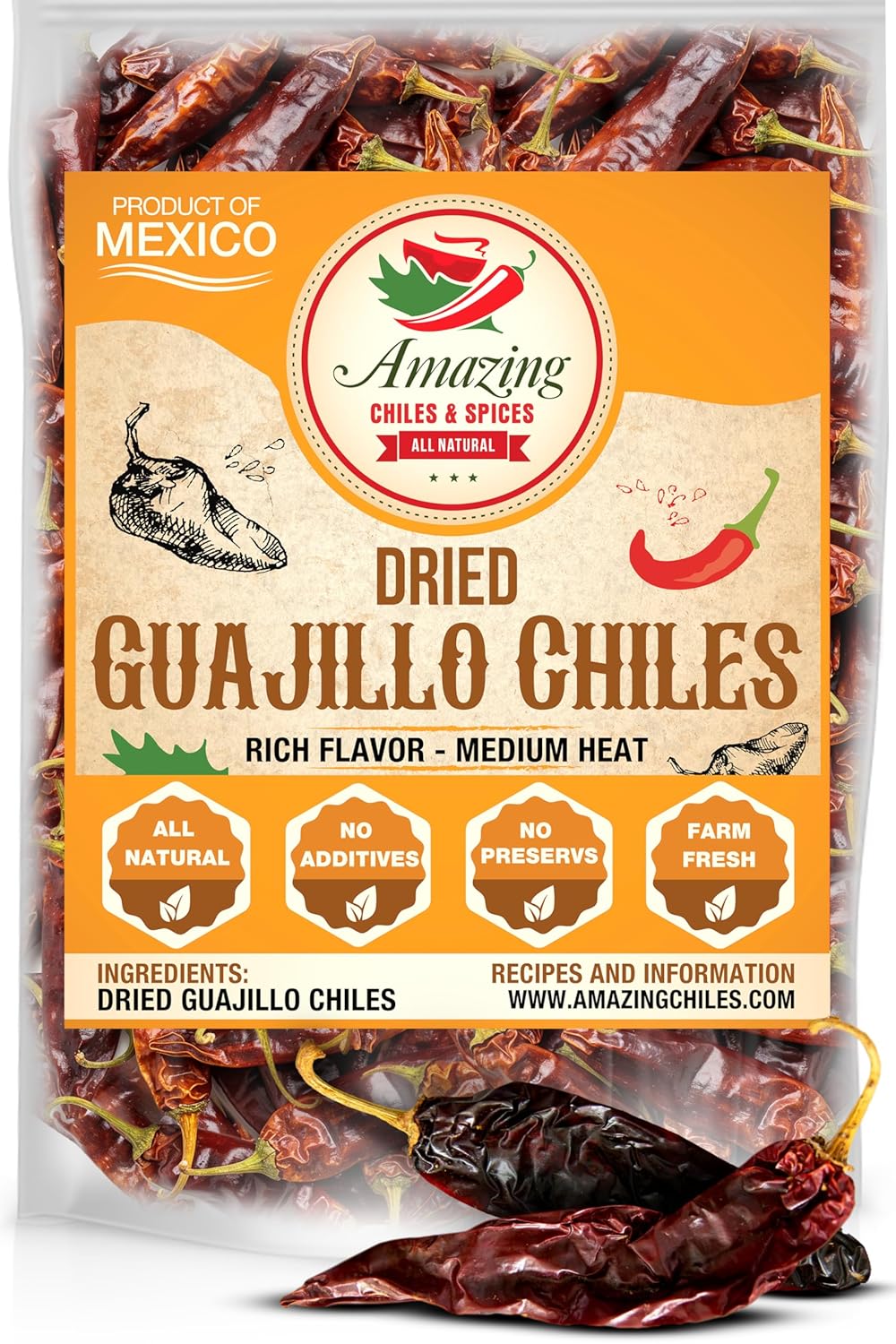 Premium Dried Whole Guajillo Chiles 1lb - Mild Medium Heat, Fruity Flavor for Mole, Tamales, Salsa & Meats | Resealable Bag
