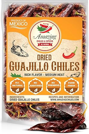 Guajillo Chiles Peppers Dried Whole 4 oz Natural and Premium. Great For Mexican Recipes Like Mole, Tamales, Salsa, Meats. Mild to Medium Heat, Complex Fruity Flavor. Resealable Bag