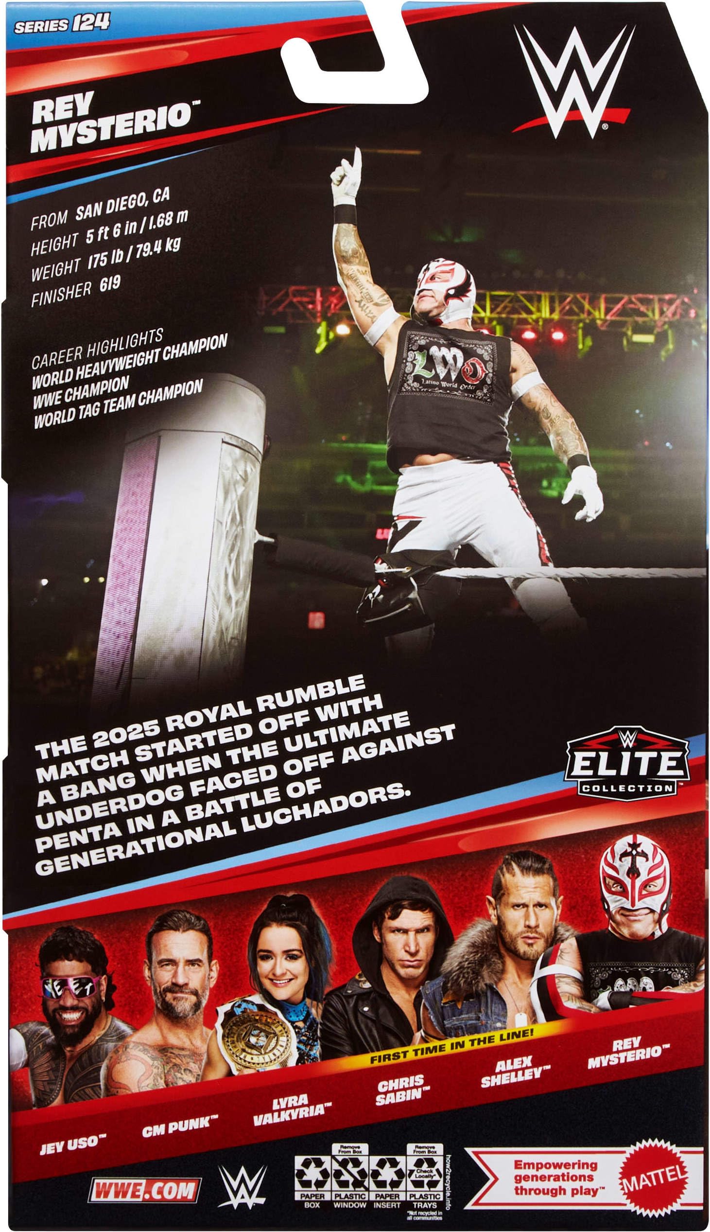 Mattel WWE Elite Collection Rey Mysterio Figurka i akcesoria Zestaw, Seria #125, figurka (ok. 15 cm w skali) do kolekcjonowania, 25 punktów ruchu i wymienne dłonie, zabawka dla dzieci 8+, JHT67