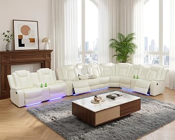 Power Recliner Sectional Sofa Set, L Shape Reclining Couch and Loveseat with LED, USB Port, Storage&Cup Holders, Air Leather 8 Seats Living Room Furniture Set Cream White#1