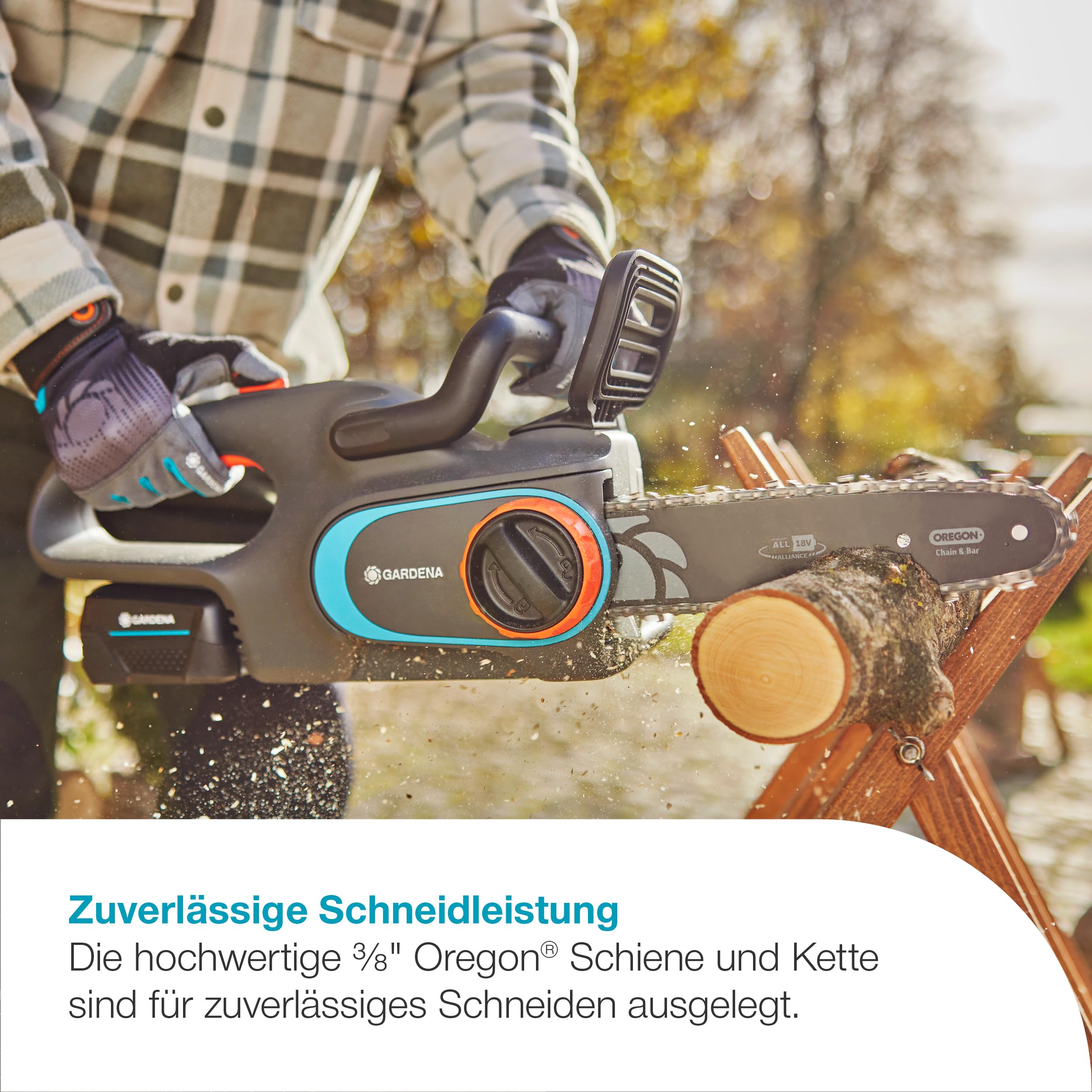 Gardena Akku-Kettensäge PowerSaw 250/18V P4A Ready-To-Use Set: Oregon Kette, Ergonomisch, Geräuscharm, Kettenbremse, Kabellos (14790-20)