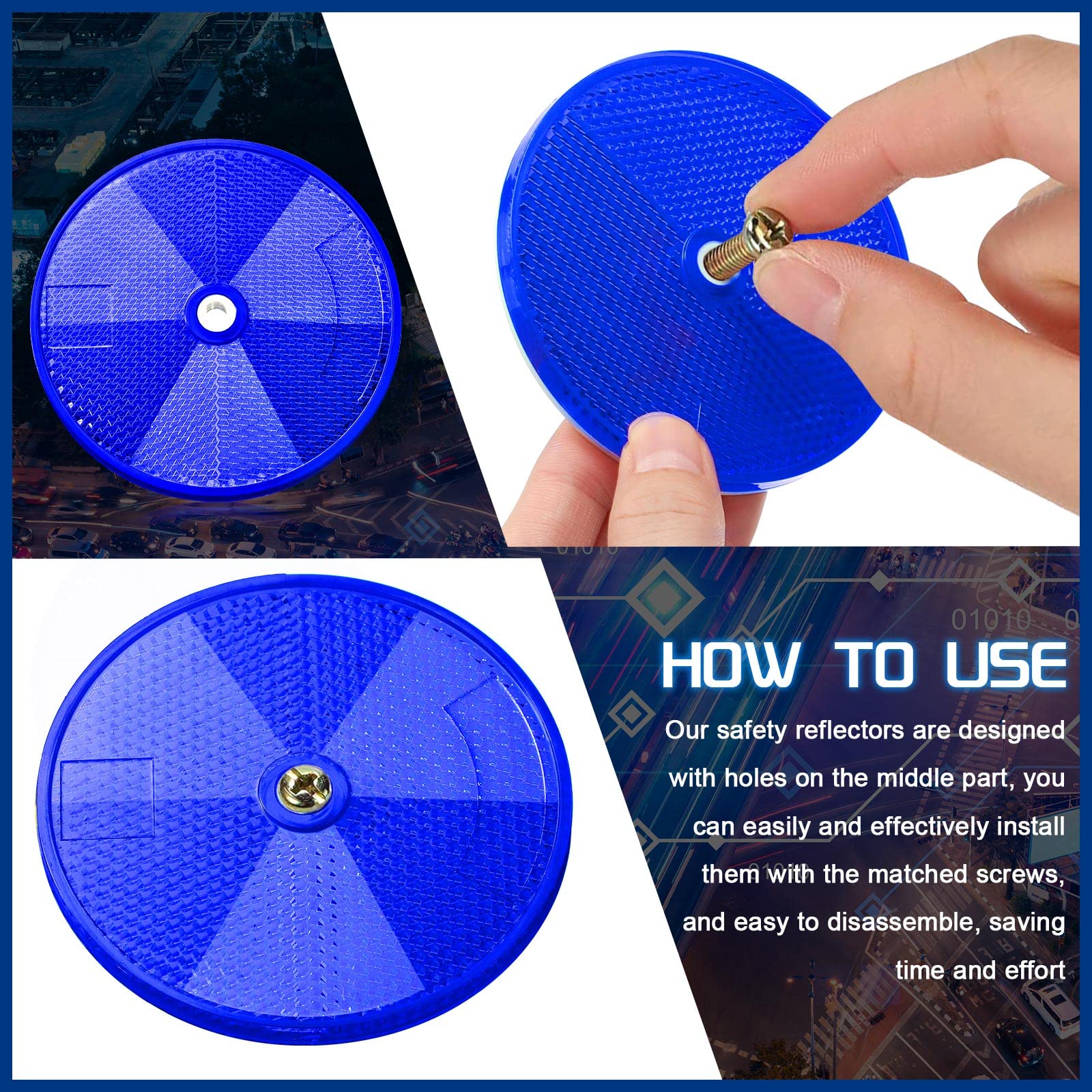 20 reflectores delanteros redondos de 3 pulgadas para remolques de seguridad con tornillos para postes de puerta de valla (azul) 4