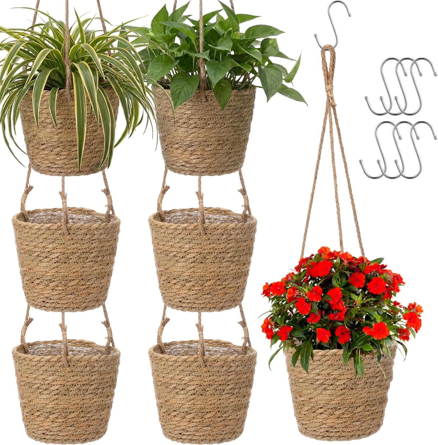 6 Pcs Seagrass Hanging Planter Basket Hand Woven Plant Basket with Plastic Liners Hanging Plant Holder Storage Containers with Cotton Rope for Indoor Outdoor Garden Home Decor (Brown)
