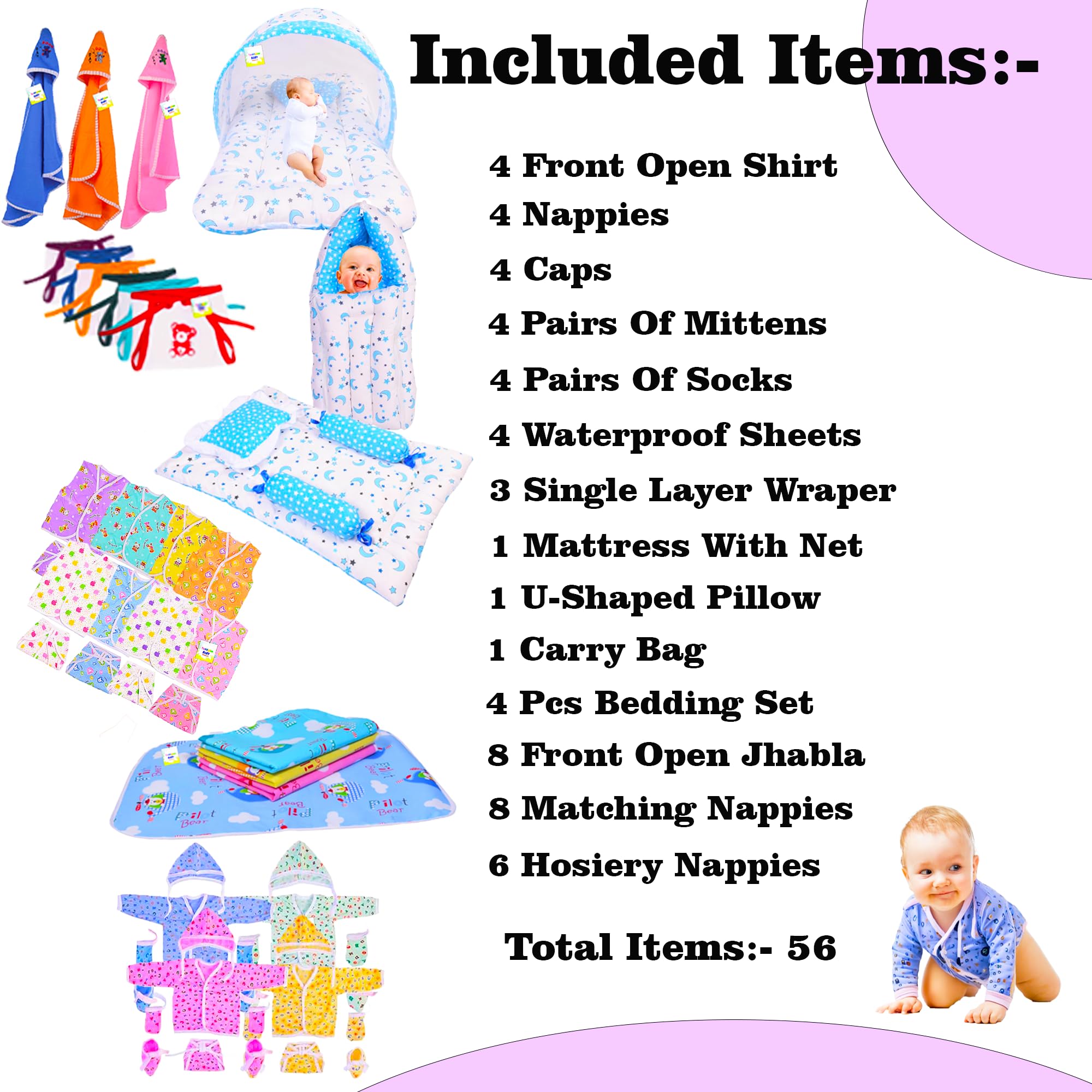 Babytoons 56 in 1 New Born Baby Products All | Gift Packs | Essentials Items | Maternity Kit | Combo Pack | Bedding Set | Clothes | Just Born | Infants (0-6 Months) - Image 3 thumbnail