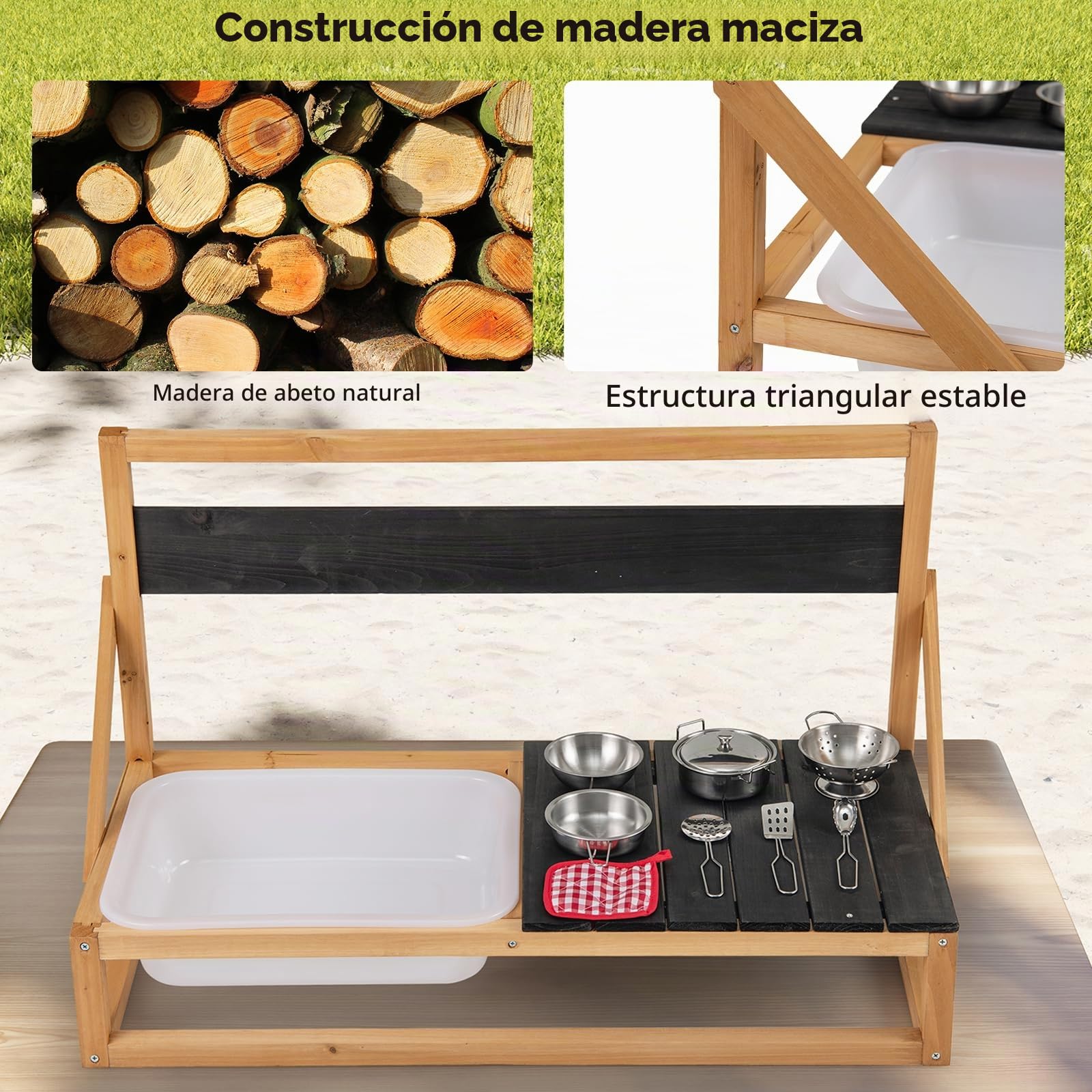 HOMASIS Cocina de Barro y Madera de Abeto Con Pizarra, Fregadero, Accesorios y Paño, Set Infantil de Exterior para Niños de 3+ Años, 81x36x49cm, Natural