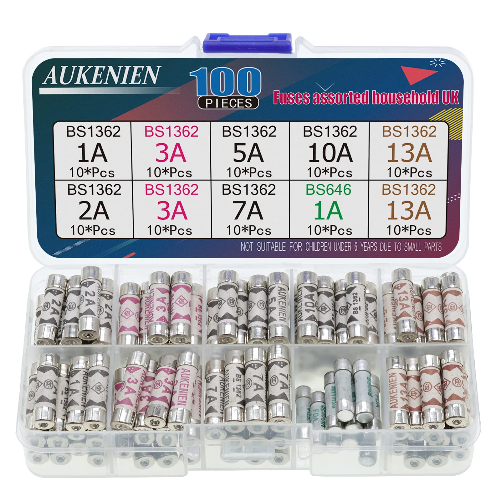 AUKENIEN Fuses Assorted Household UK 8 Values 100 Pcs BS1362 1A 2A 3A 5A 7A 10A 13A 240V 6.3x25 MM BS646 1A 5x20MM 1 2 3 5 7 10 13 Amp BS Ceramic Fuse Pack Mixed Assortment Kit for Mains Shaver Plug