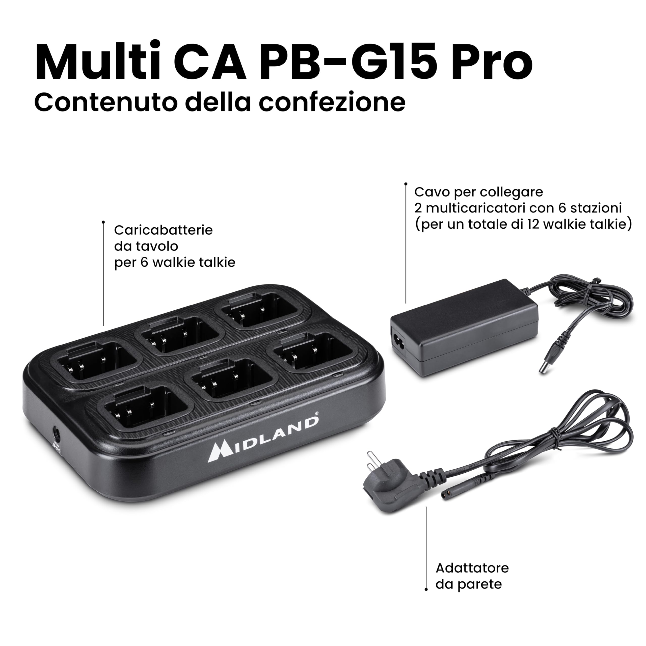 Midland Caricatore Multiplo 6 Walkie Talkie G15 PRO G18 Arctic Adattatore Muro Incluso Espandibile 12 Posti