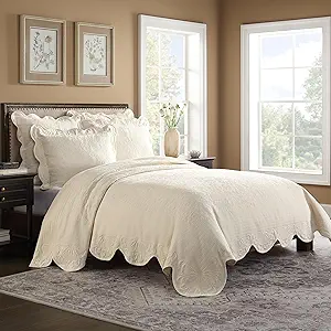 Charleston Estate Modern Farmhouse Floral Matelasse Coverlet with Scalloped Edges, 100% Cotton Breathable Bedding, Full/Queen, Ivory Floral