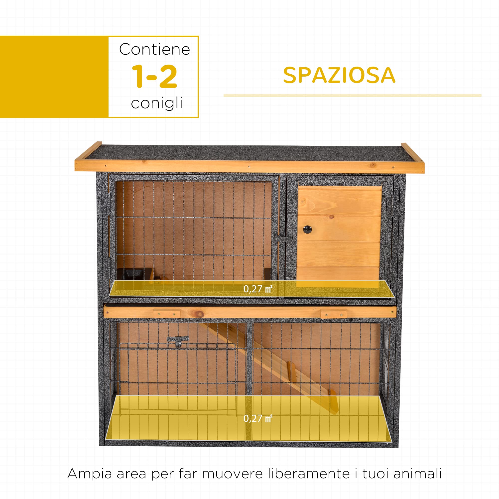 PawHut Gabbia per Conigli con Rampa 2 Livelli 89.5x45x81cm Giallo Chiaro | Area Aperta, Conigliera in Legno e Metallo