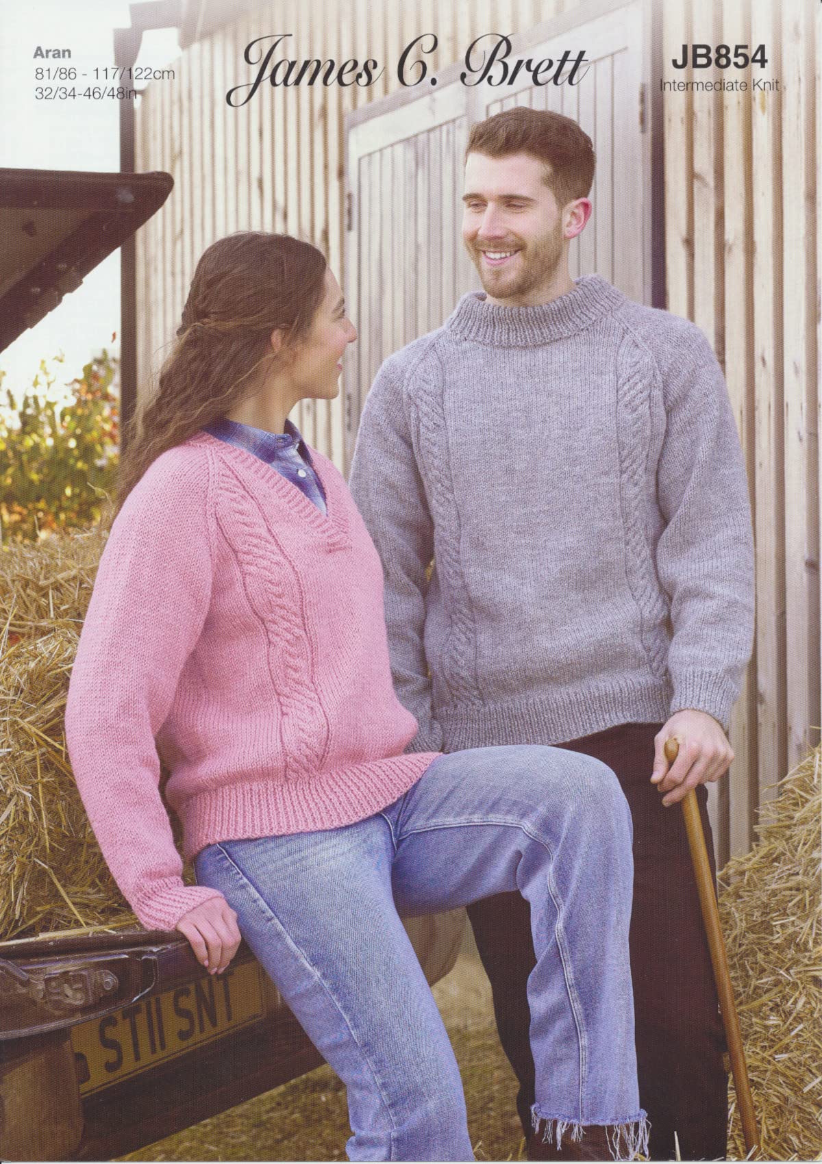 James Brett Aran Knitting Pattern Ladies V Neck & Mens Funnel Neck Sweater (JB854)