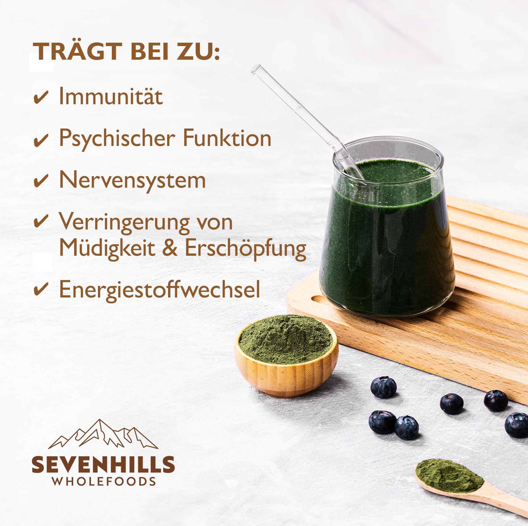 Sevenhills Bio-Super-Greens-Mischung 400g mit Spirulina, Chlorella, Weizengras, Gerstengras | Unterstützt Haut, Immunität | 80 Portionen | Grünes Superfood-Pulver