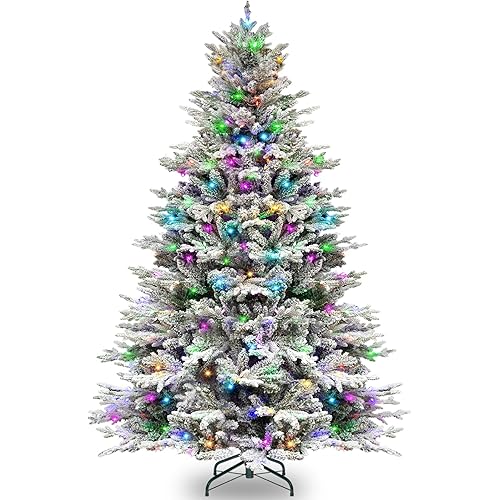 Hykolity 6.5 ft Prelit Snow Flocked Christmas Tree, 2024 PE&PVC Realistic Branch Tips, Artificial Twinkling Christmas Tree with 350 Color Changing LED Lights, Metal Stand and Hinged Branches, 11 Modes