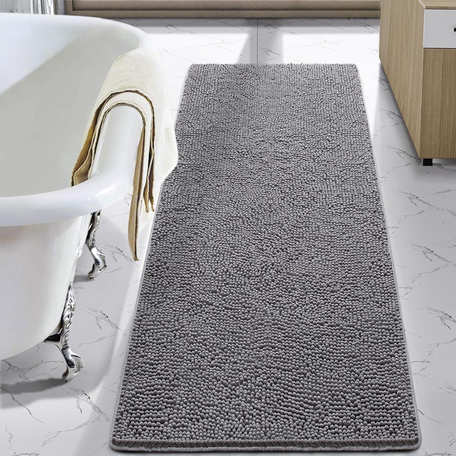 LOCHAS Luxury Bathroom Rug Shaggy Bath Mat 24 x 48 Inch, Washable Non Slip Bath Rugs for Bathroom Shower, Soft Plush Chenille Absorbent Carpets Mats,