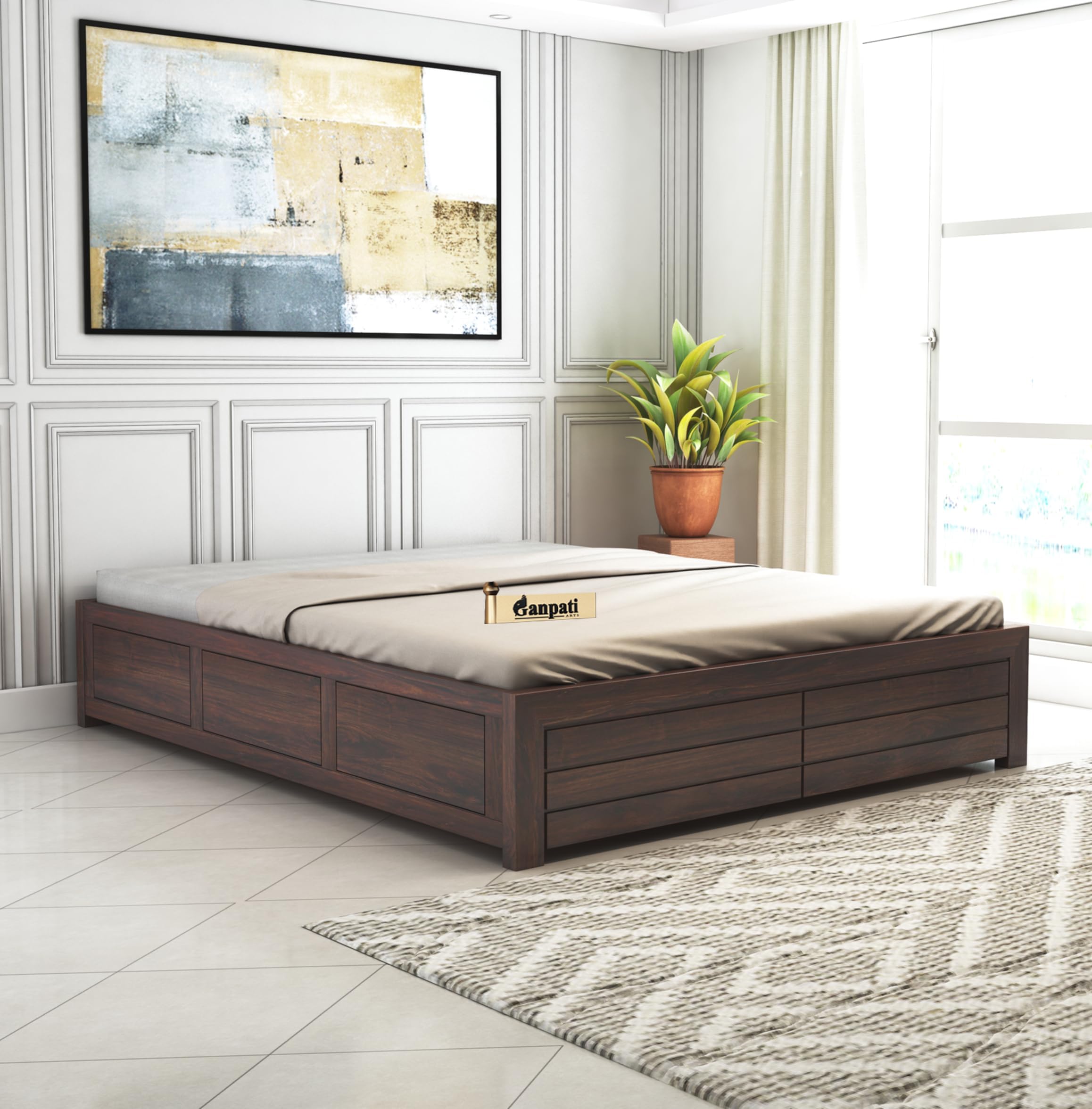 Ganpati Arts Solid Sheesham Wood Queen Size Bed with Box Storage Solid Wooden Double Bed Cot Bed with Box Without Headboard (Walnut Finish)