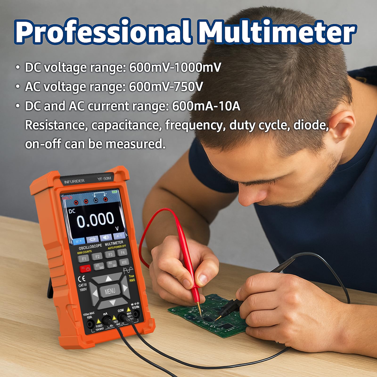 Osciloscopio digital 3 en 1 multímetro, generador de señal profesional, osciloscopios de laboratorio de 50 MHz con 2 canales, 200 m/280 msa/s, comprobador de continuidad con 6000 cuentas