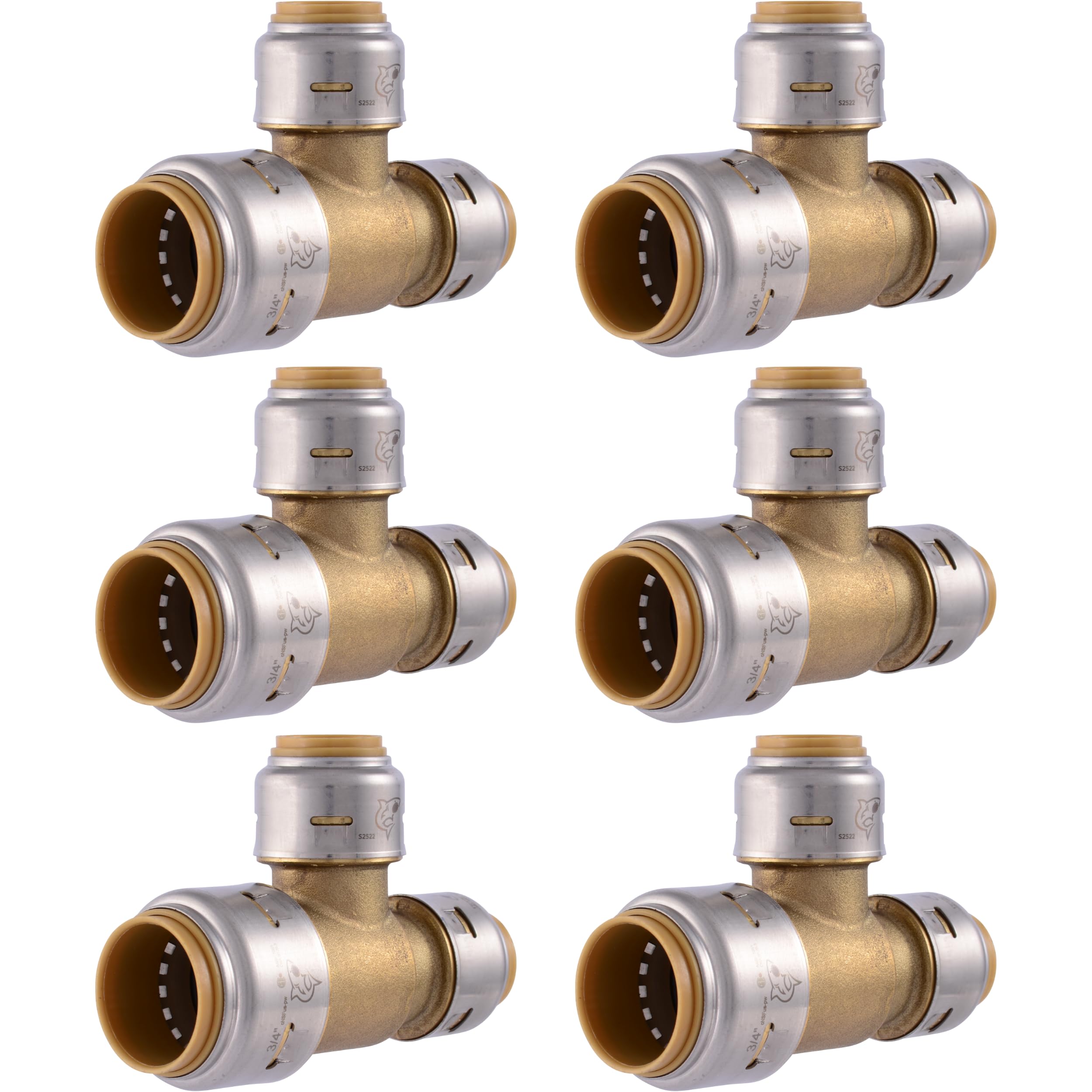 SharkBite Max 3/4 pulgadas x 1/2 pulgada x 1/2 pulgada en T reductor, paquete de 6, accesorio de fontanería de latón a presión para conectar, tubo PEX, cobre, CPVC, PE-RT, HDPE, UR454