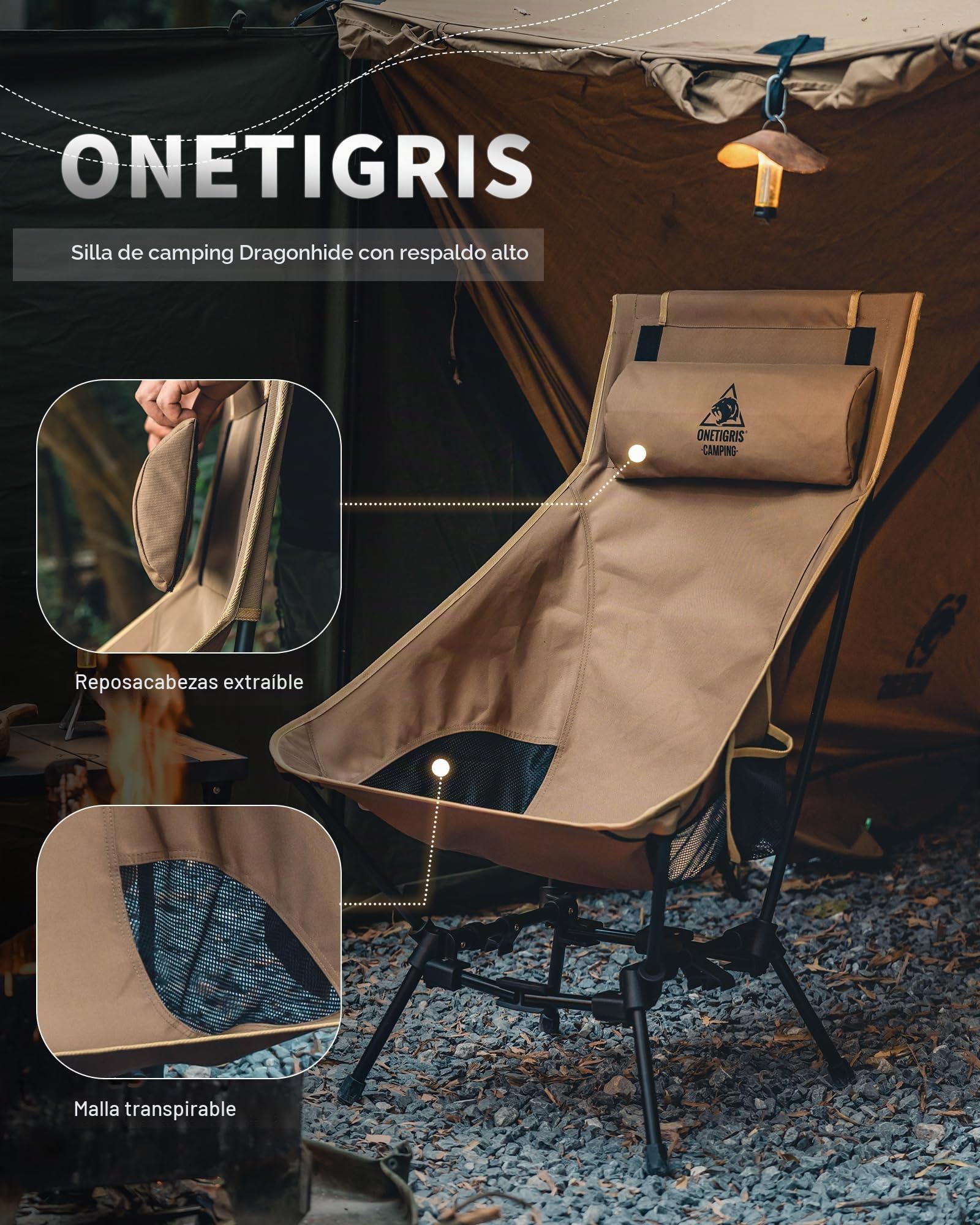 OneTigris Dragonhide - Silla de camping con respaldo alto, silla plegable, 150 kg, silla de camping ligera, silla de pesca plegable con 2 bolsillos laterales, silla plegable ultraligera para
