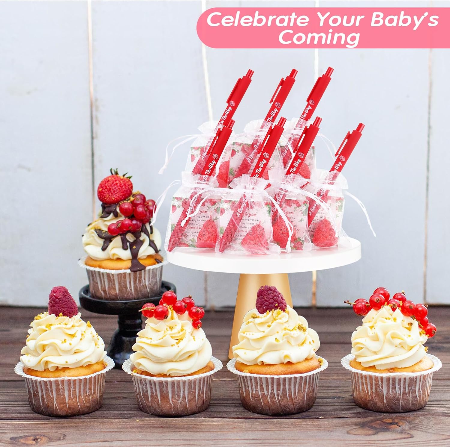 Yaomiao 50 Set Berry Sweet Baby Shower Decorations Favors for Guests Strawberry Candles a Berry Sweet is on The Way Ballpoint Pen with Thank You Tags for Birthday Gender Reveal Party Supplies