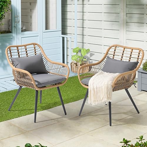 Miniatura 2 de JOIVI Juego de 2 sillas de mimbre para exteriores, sillas de comedor de ratán para patio con cojines y reposabrazos para césped exterior, balcón,