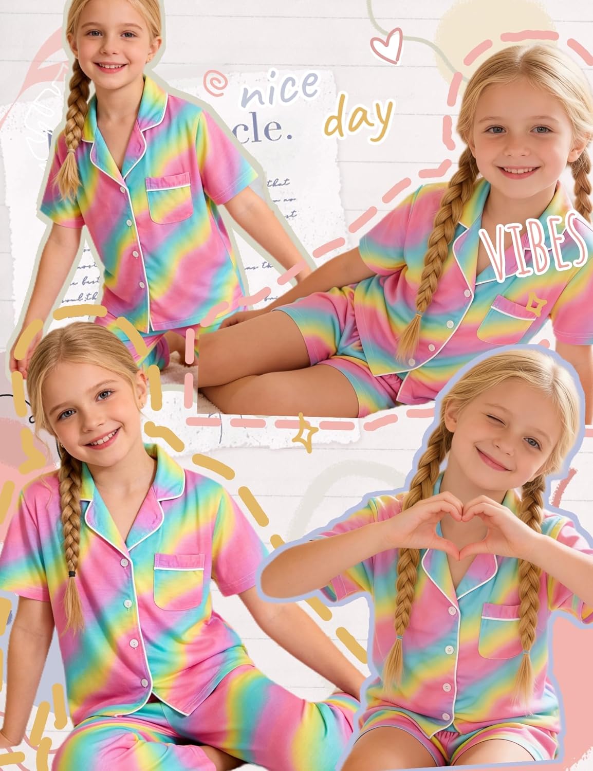 SWOMOG Kids Pajamas Sets 3PCS Short Sleeve Long Pants with Shorts Girls Boys Button Down PJS Cute Loungewear for 4T-15Years, - Image 2