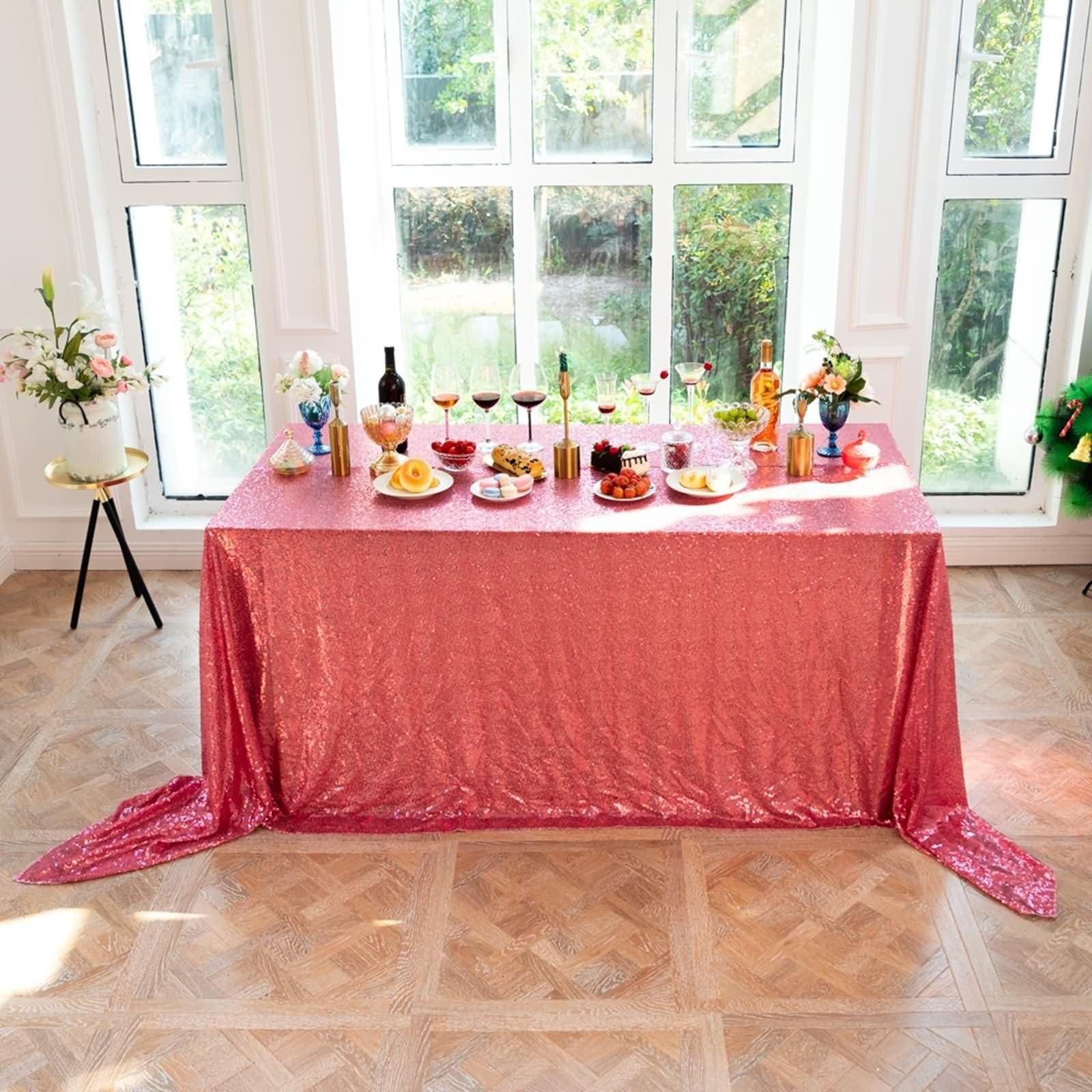 Mantel Rectangulares Exterior Color Sólido con Lentejuelas Mantel Antimanchas Poliéster Roja Rosa,230x335CM