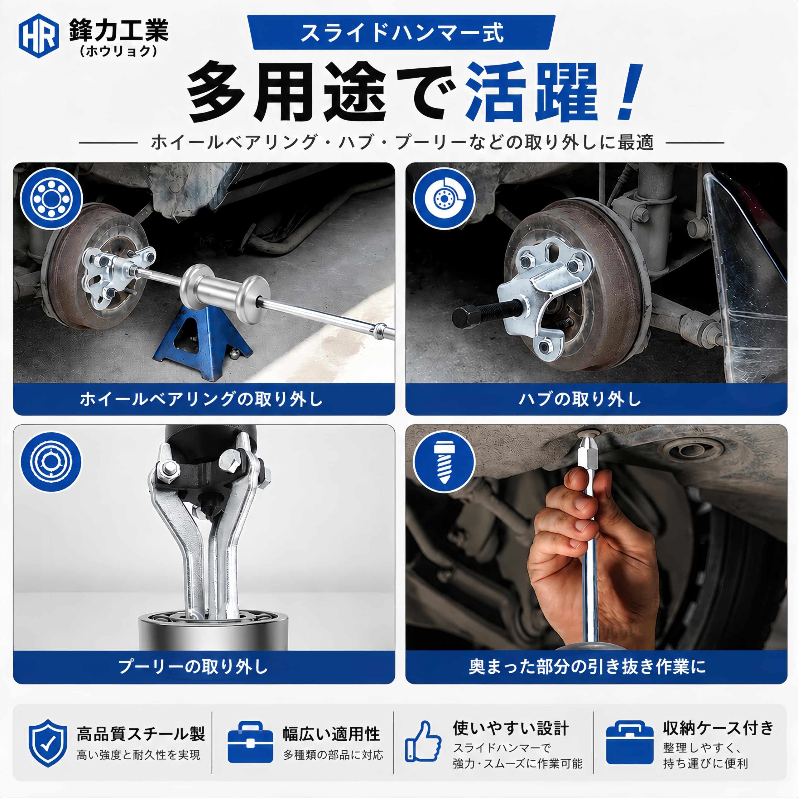スライドハンマーセット 19点 ベアリングプーラー ハブプーラー ホイールハブベアリング抜き 9WAY 内掛け 外掛け 2爪 3爪 アクスルシャフト ブッシュ ギア プーリー対応 自動車整備工具 ブローケース付き 手袋付