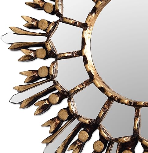Miniatura 3 de NOVICA Espejo de pared de madera dorada de bronce hecho a mano artesanal de Perú, espejos decorativos metálicos con sol y luna marco de 1.2 pulgadas