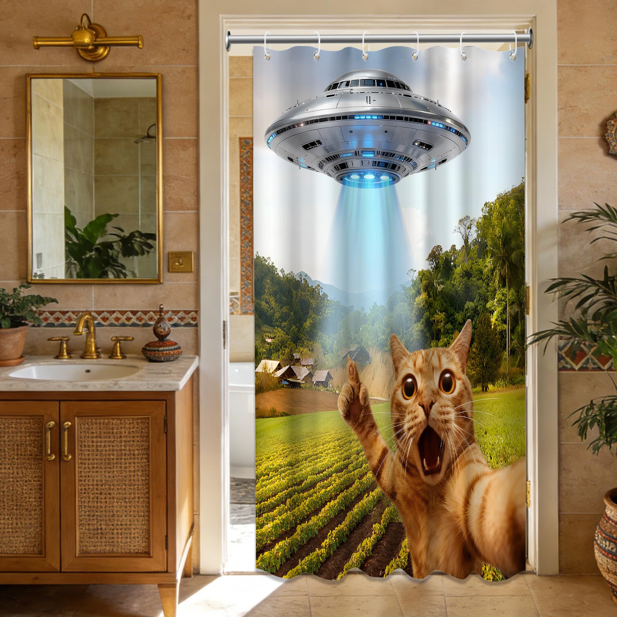 Small Stall Shower Curtain Rv Funny Cat UFO, 36 x 72 Inchs