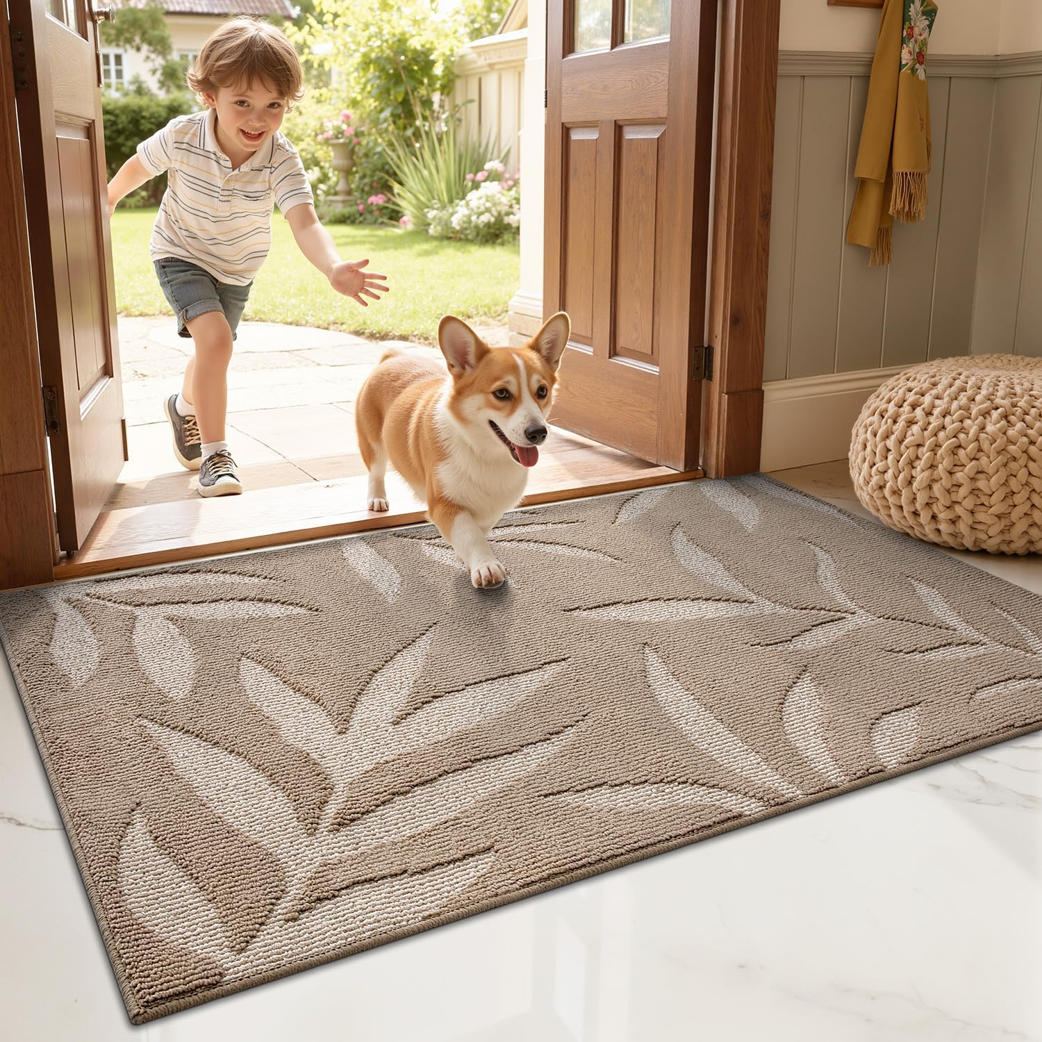 Front Door Mat Indoor Entrance 24x36, Low Profile Welcome Mat, Non-Slip Washable Doormat with Rubber Backing for Entrance, Patio, Garage, Beige