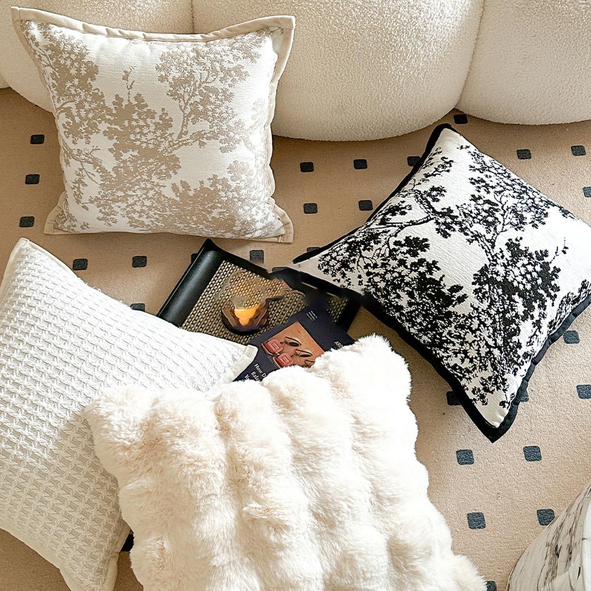 Croker Horse 18x18'' inches Throw Pillow Cushion Covers - White Beige Embroidery Pine Tree Luxury Modern Style Couch Sofa Pillow Cover for Living Room Bedroom