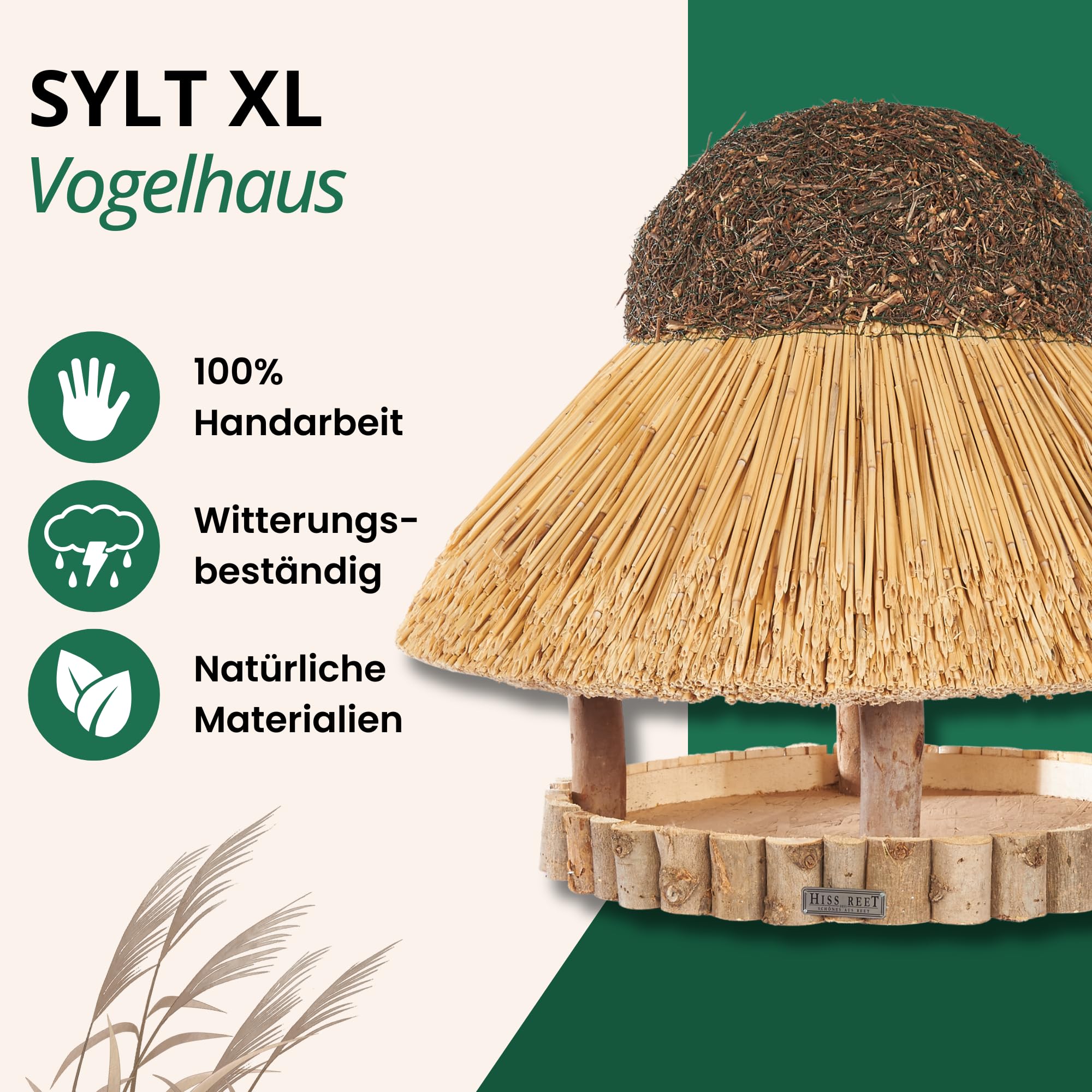 Vogelfutterhaus, Vogelhaus - mit Reetdach I Futterhaus für Vögel aus Eukalyptus Holz I Sylt I ideal für Balkon und Garten I wetterfest (XL - ca. 74 cm Traufe)