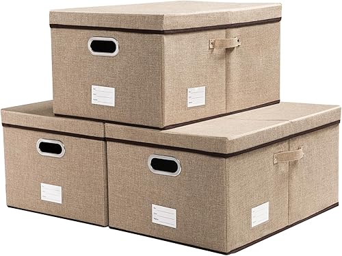 PRANDOM Contenedores de almacenamiento con tapas paquete de 3 cajas de almacenamiento plegables de tela de yute, contenedores organizadores, cestas