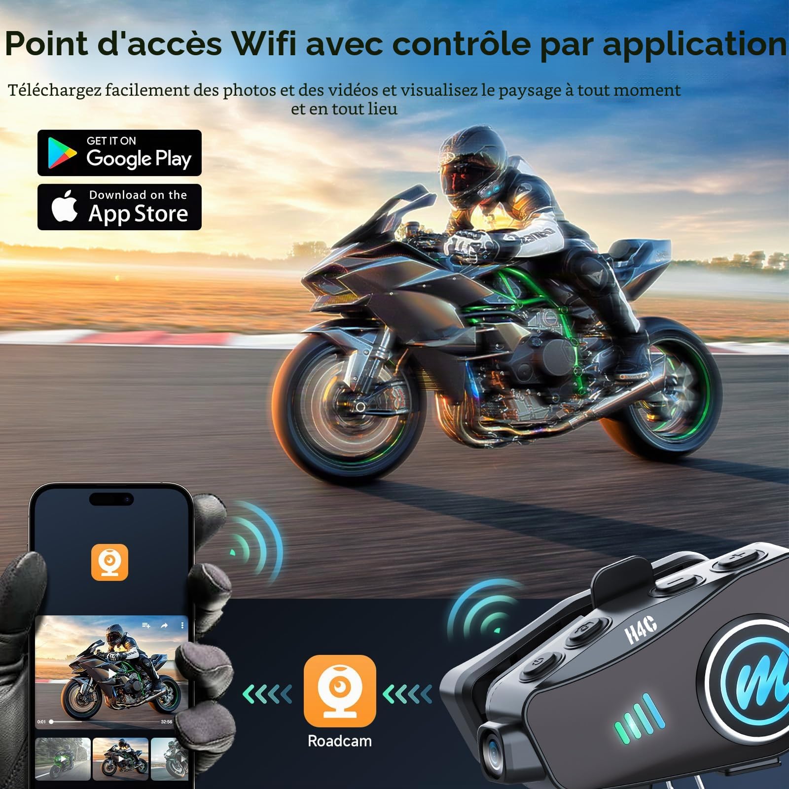 Moman H4C Casque Moto avec Caméra – Caméra 1080P Grand Angle 120° à 360°, Carte TF 32 Go Incluse, Son Hi-FI Stéréo, Assistant Vocal AI, IPX6 – Kit Mains Libres Moto