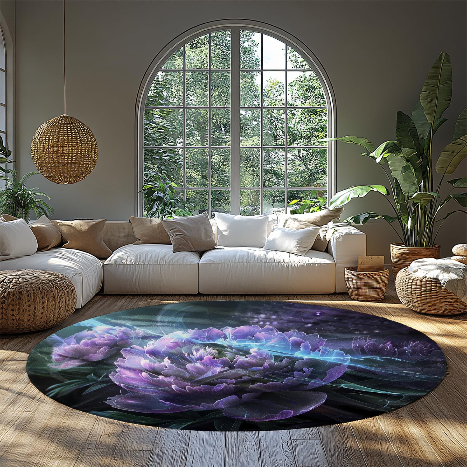 Tapis rond violet pivoine élégant de 160cm pour décoration d’intérieur chic