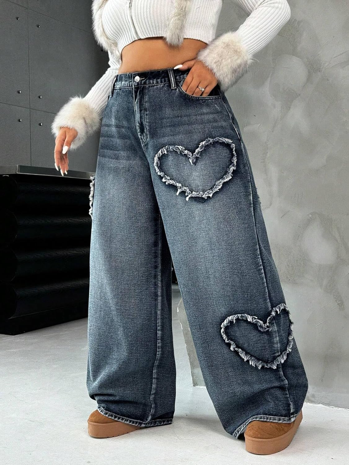 High Waisted Wide Leg Jeans, Heart Pattern Distressed Denim - image 5