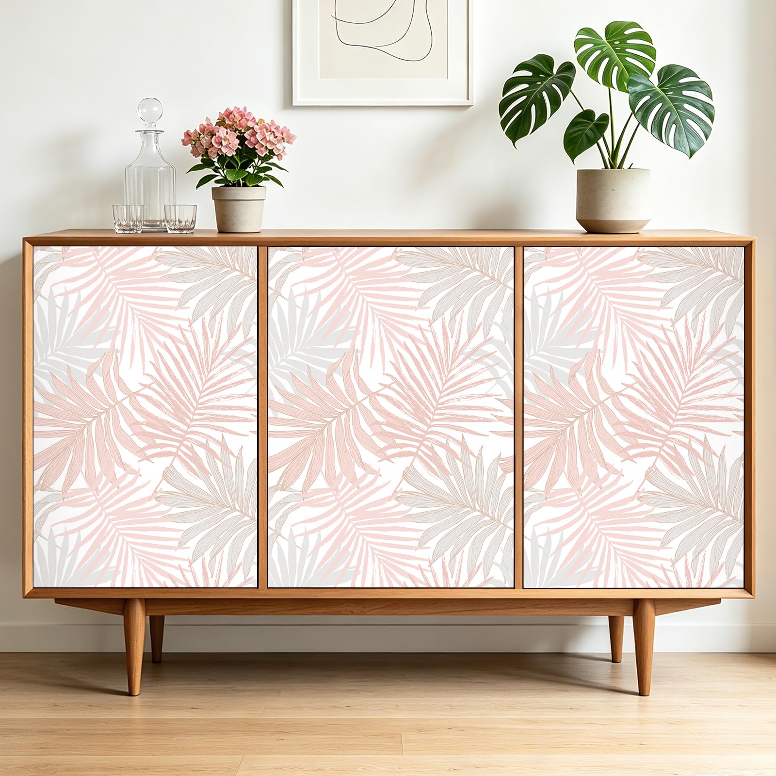 FunStick 44.5CMx9M Papel Pintado Autoadhesivo Pared Hojas Palmera Rosa Papel Adhesivo para Muebles Dormitorio Salón Hojas Acuarela Rollo Vinilo Autoadhesivo Cocina Vinilos para Puertas Armarios Rosa