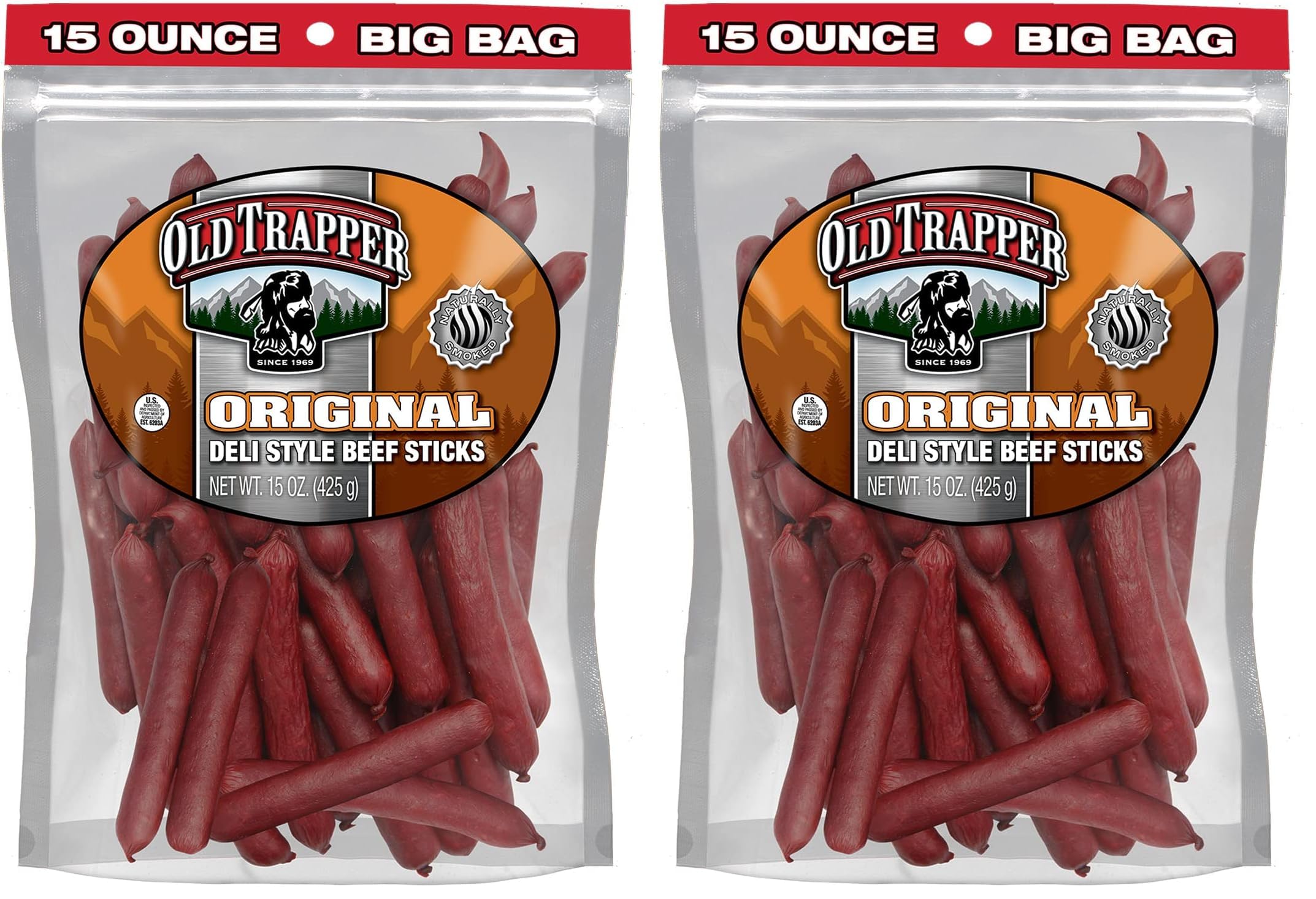 Old Trapper Original Deli-Style Beef Sticks,15-Ounce Package, Perfect for On-the-Go Snacking, Six Grams of Protein and Zero Grams of Sugar per Serving (Pack of One) (Pack of 2)